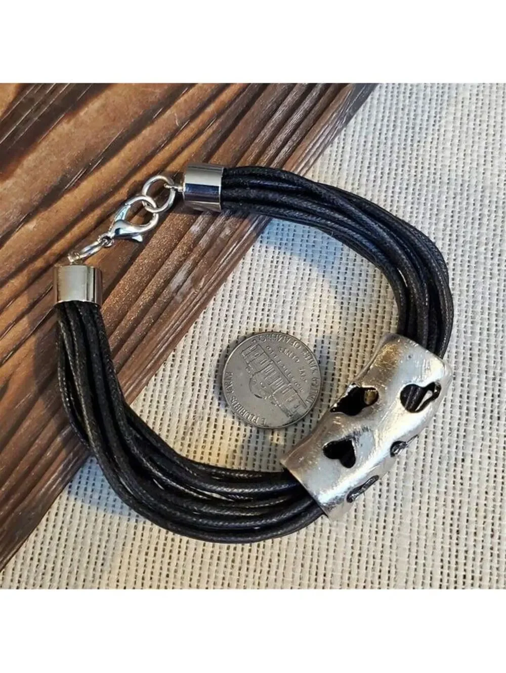 Avant Garde Silver Black Statement Bracelet Cutout Geometric Black Cotton